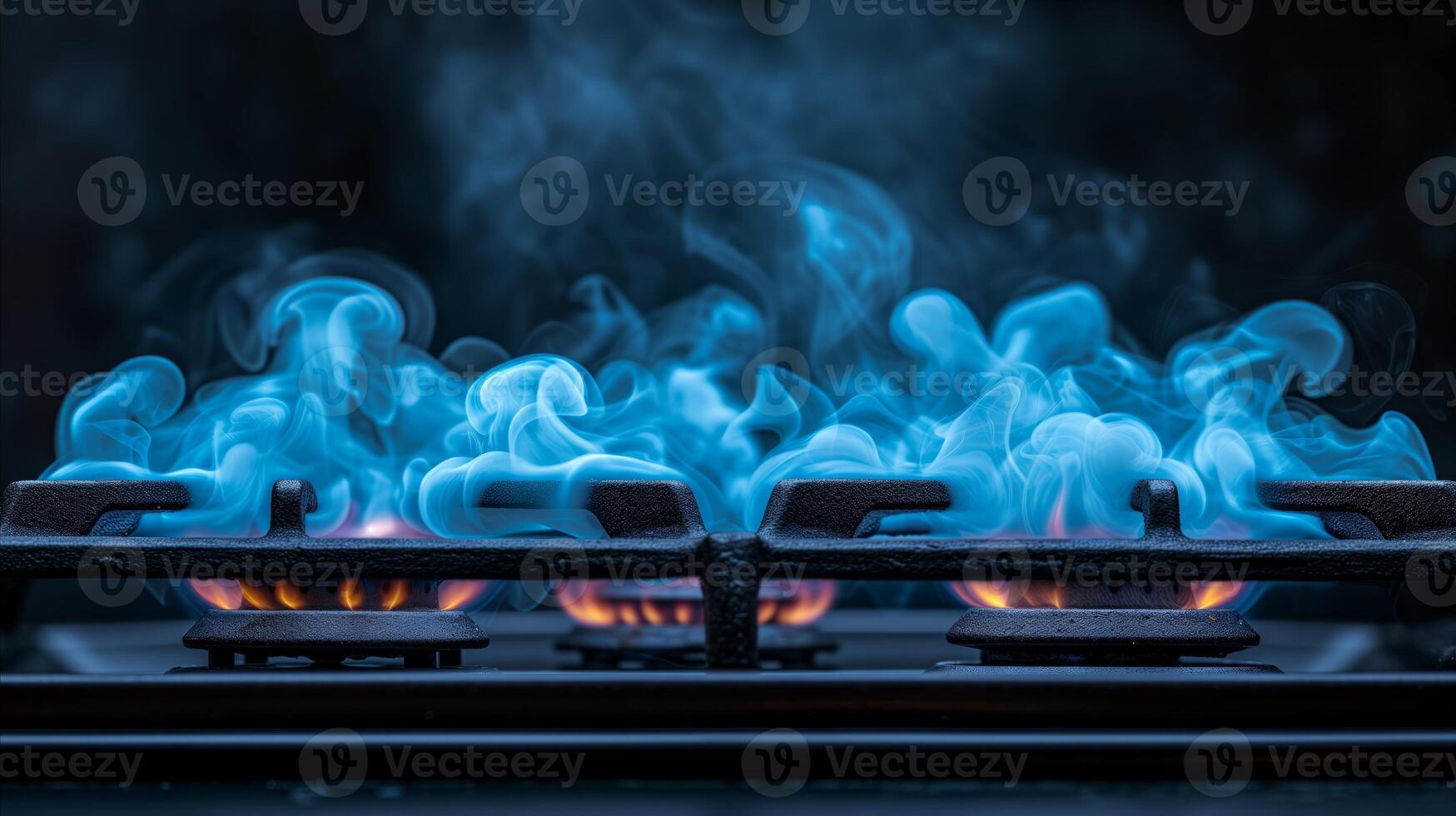 AI generated Blue flames and smoke rising from gas stove burners in dark kitchen photo