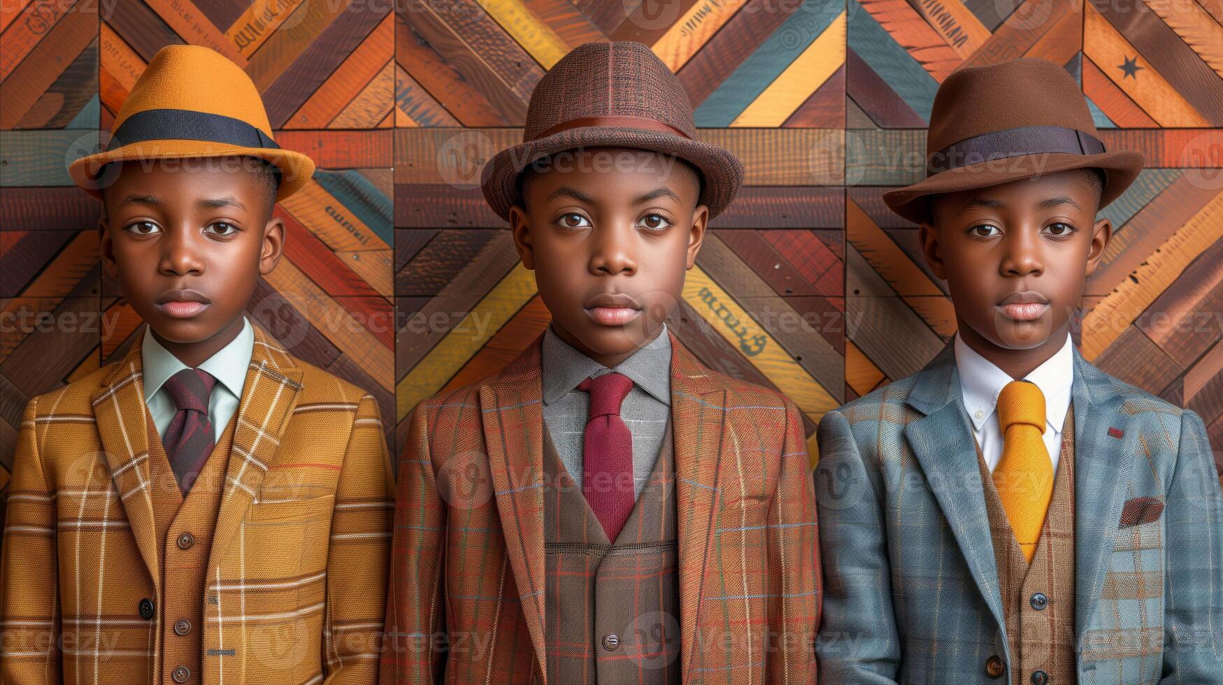 AI generated Three Boys in Vintage Attire Posing Against Wooden Backdrop photo