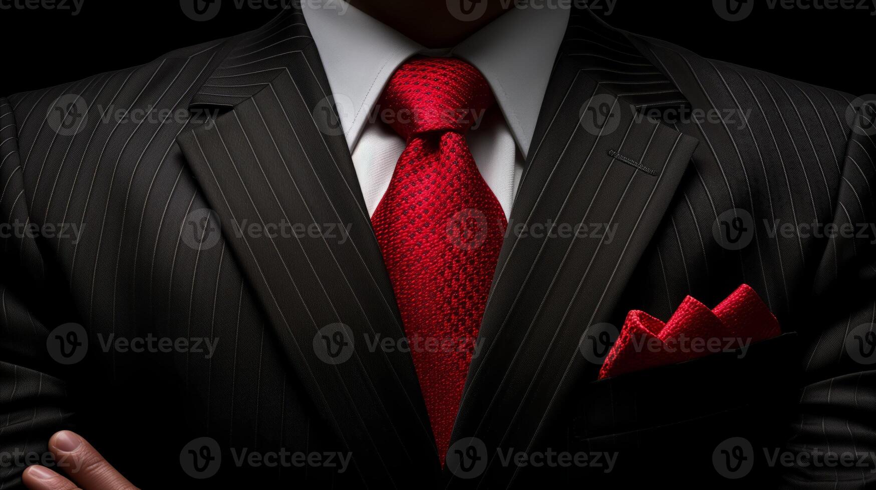 AI generated Close-Up of Man in Pinstripe Suit With Red Tie and Pocket Square photo