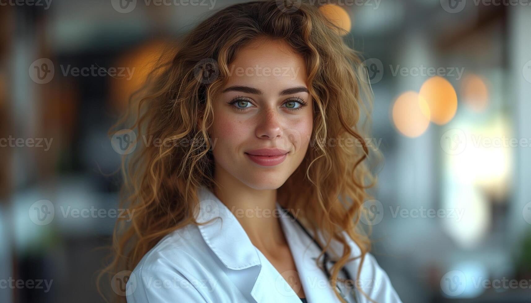 AI generated Woman in White Lab Coat Looking at Camera with Copy Space photo