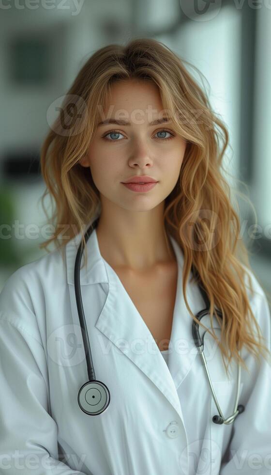 AI generated Woman in White Lab Coat Looking at Camera with Copy Space photo