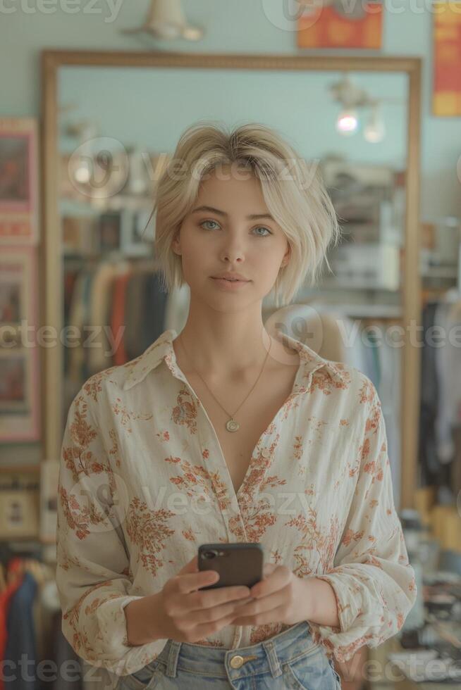 ai generado mujer con corto rubio cabello, acerca de 25 años viejo. tomando un autofoto, participación un teléfono inteligente en un grande espejo en un ropa Tienda foto