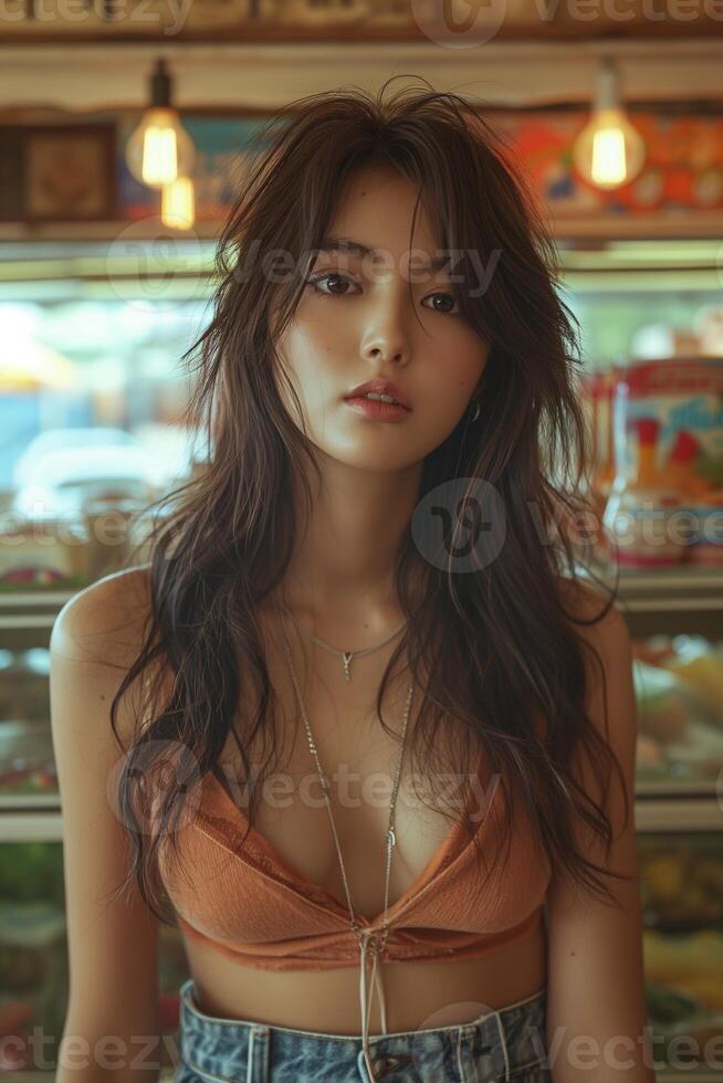 AI generated photography of a beautiful Korean woman with long hair wearing a T-shirt and denim shorts in a grocery store in Seul in the 1970s photo