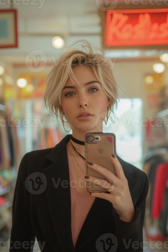 ai generado mujer con corto rubio cabello, acerca de 25 años viejo. tomando un autofoto, participación un teléfono inteligente en un grande espejo en un ropa Tienda foto