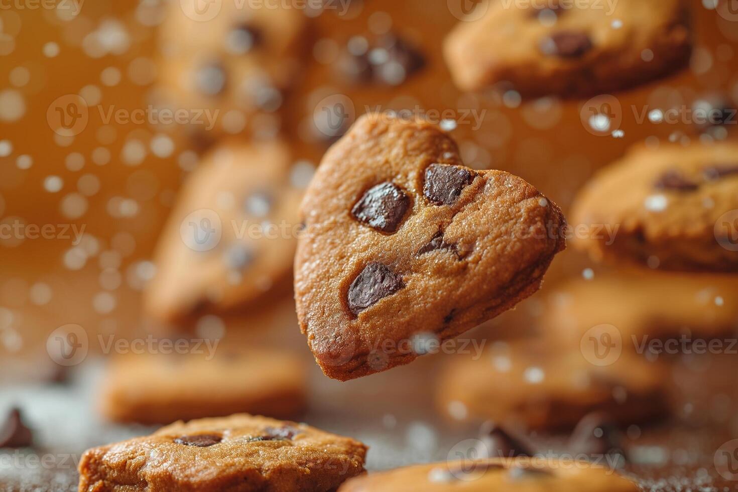 AI generated Chocolate Chip Cookies Soaring on a Yellow Canvas photo