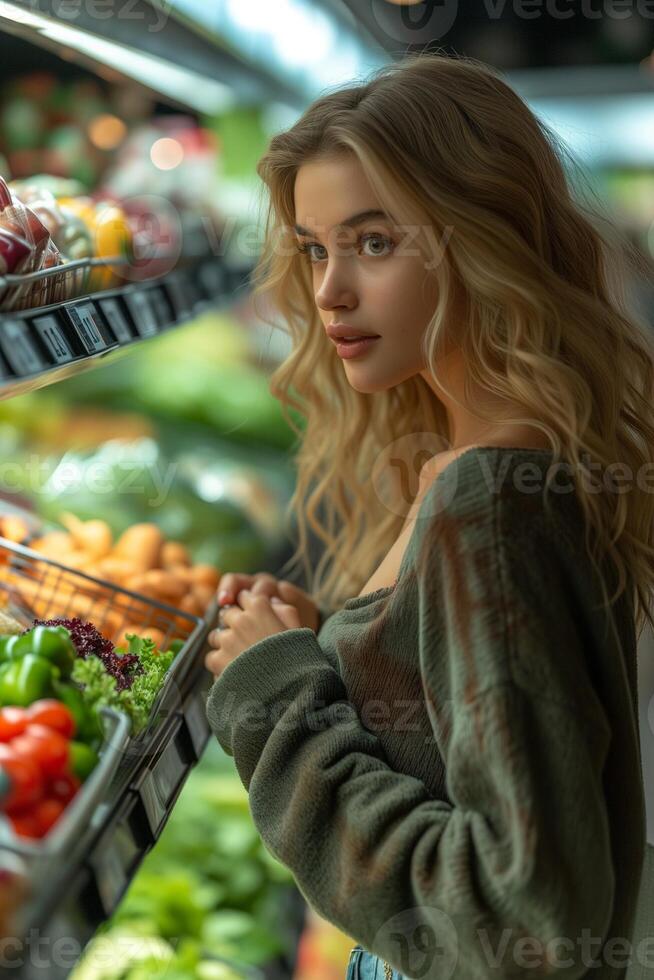 AI generated Caucasian woman browsing the aisles of a grocery store, carefully selecting fresh produce and groceries for her shopping cart photo