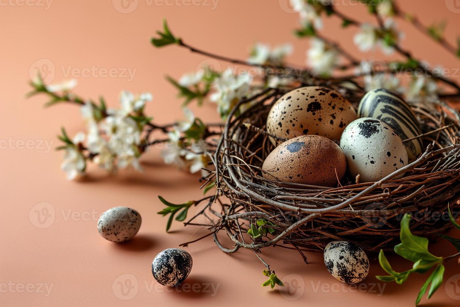 AI generated Nest with colorful Easter eggs and spring flowers on a peach colored background photo
