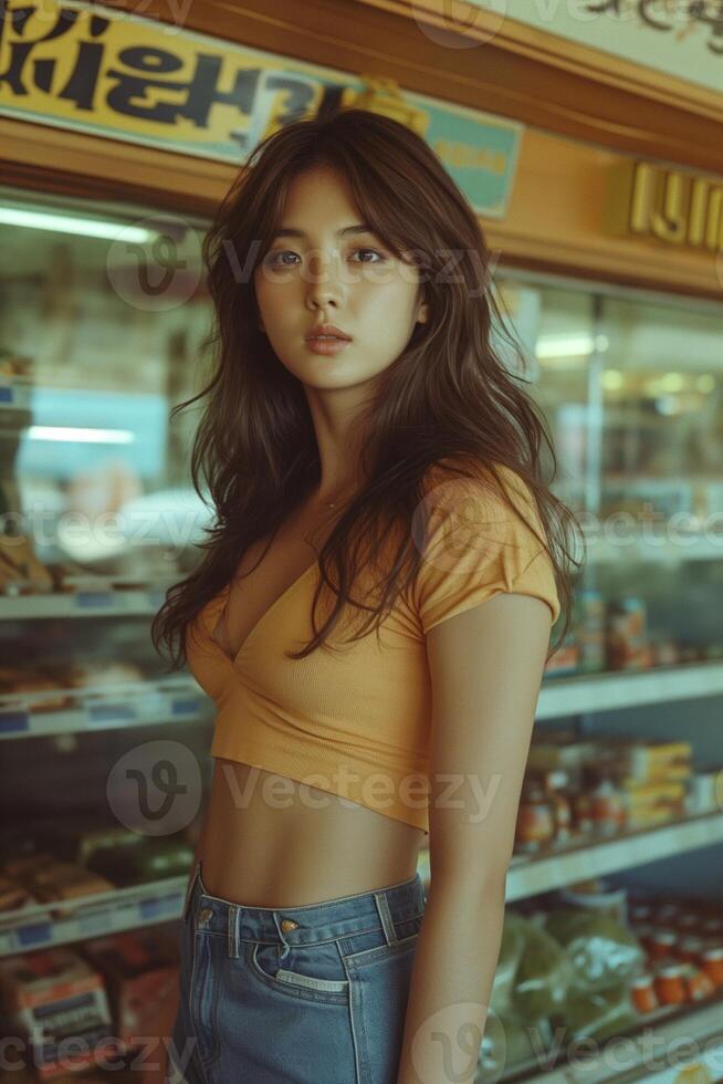 AI generated photography of a beautiful Korean woman with long hair wearing a T-shirt and denim shorts in a grocery store in Seul in the 1970s photo