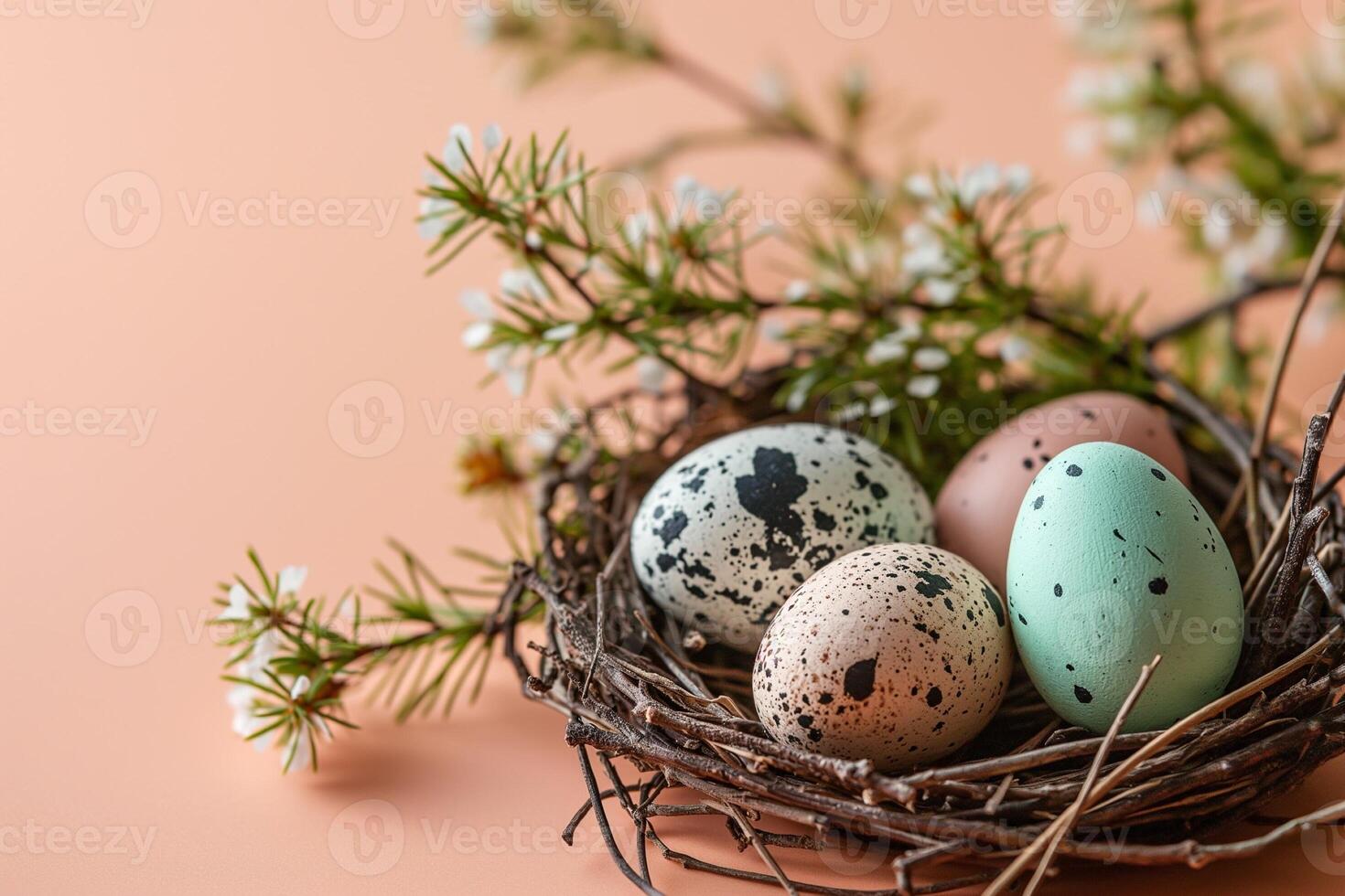 AI generated Nest with colorful Easter eggs and spring flowers on a peach colored background photo