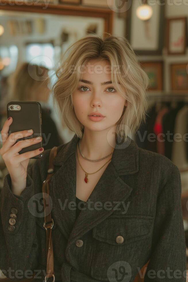 AI generated Woman with short blond hair, about 25 years old. Taking a selfie, holding a smartphone in a large mirror in a clothing store photo