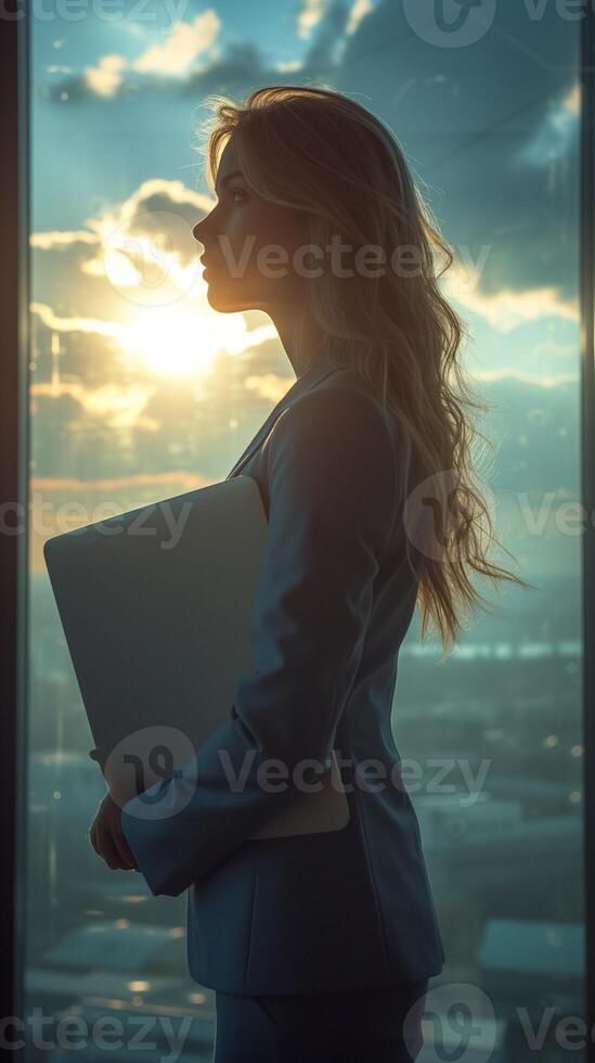 AI generated Young Woman in Blue Suit with Laptop in Office photo