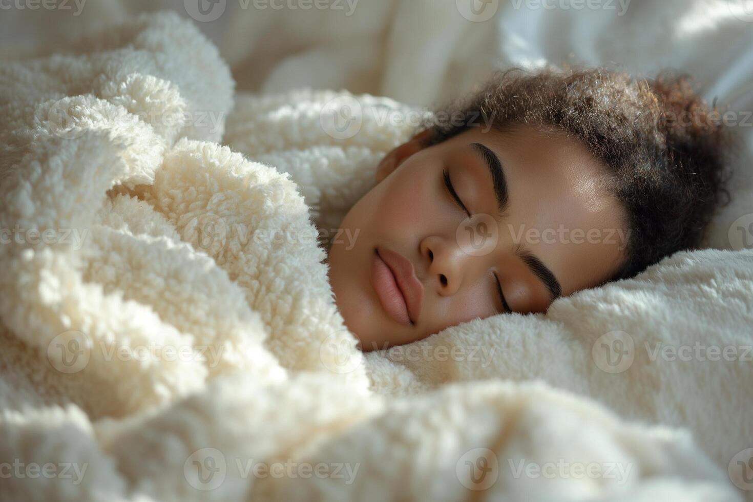 AI generated Woman peacefully sleeping in bed, enveloped by a luxurious white fluffy blanket, showcasing a contemporary DIY aesthetic with African influence photo