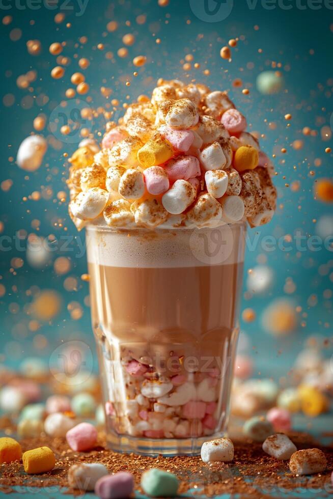 AI generated creative cocoa of different colors in glass with marshmallows with different splashes in dynamics on a blue simple background photo