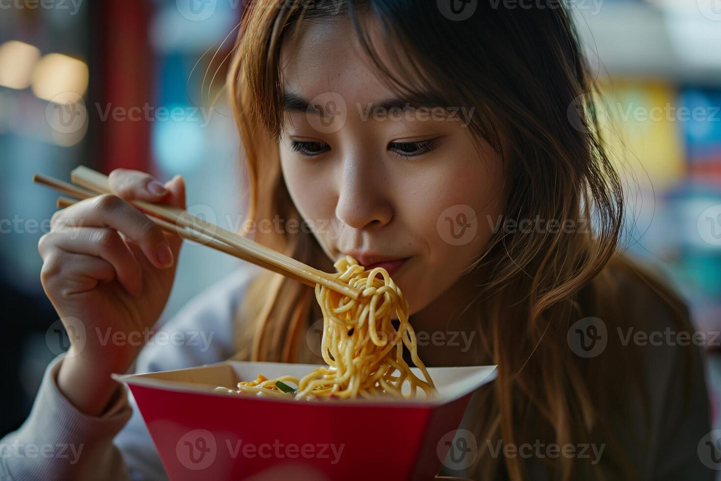 AI generated Young woman eating Chinese noodles from a box photo