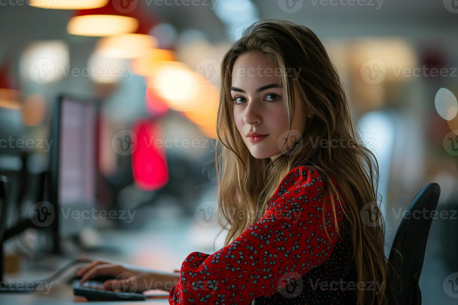 AI generated Young woman working in the office with computer photo