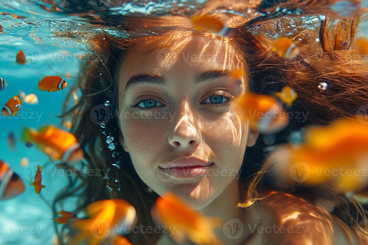 AI generated Beautiful woman with long black hair swimming in the red sea with colorful fish and corals photo