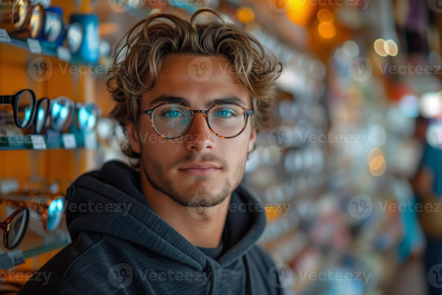 ai generado gran angular instantánea de un joven hombre a el lente Tienda foto