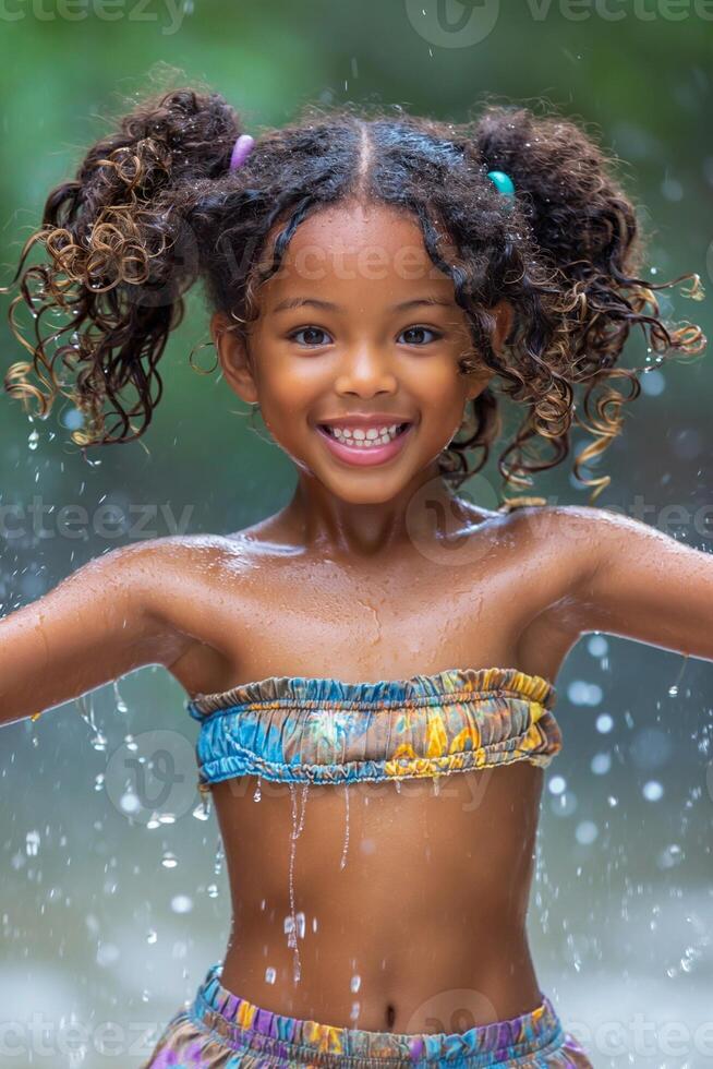 AI generated African American girl with curly pigtails tied by vibrantribbons. She showcases big bright eyes and pure happiness asshe dances in the rain. photo