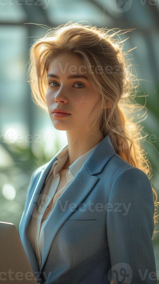 AI generated Young Woman in Blue Suit with Laptop in Office photo