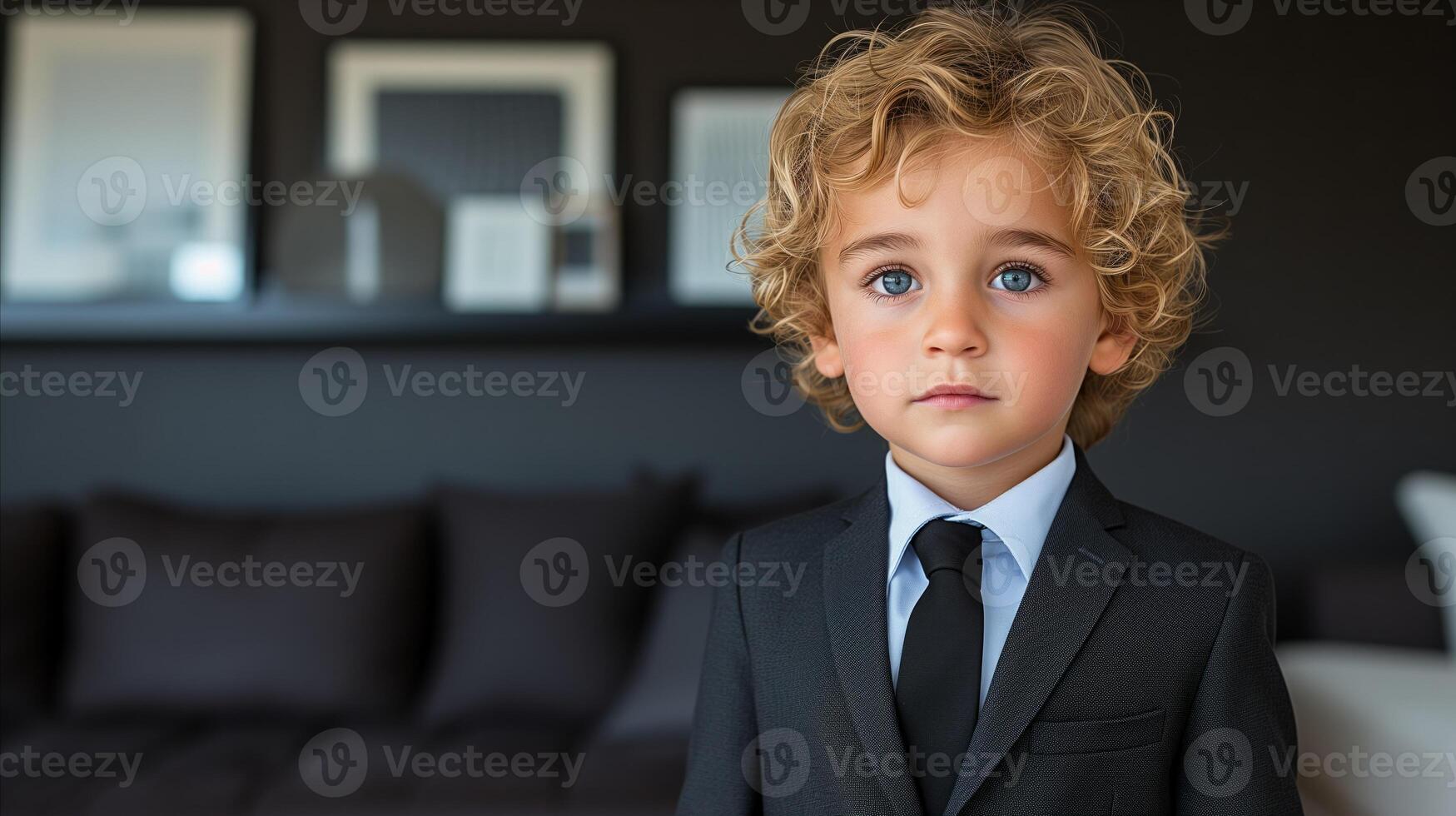 AI generated Young Boy in Suit With Curly Hair at Home photo