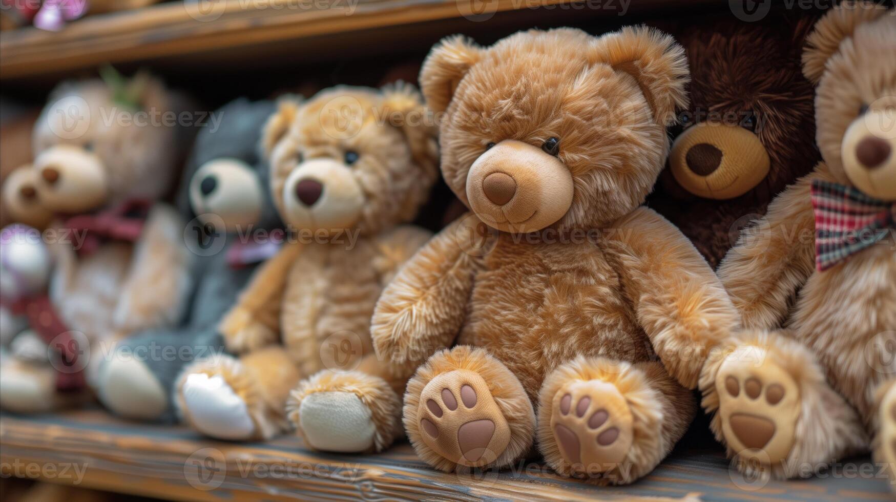 AI generated Assorted teddy bears on display shelf in toy store or nursery photo