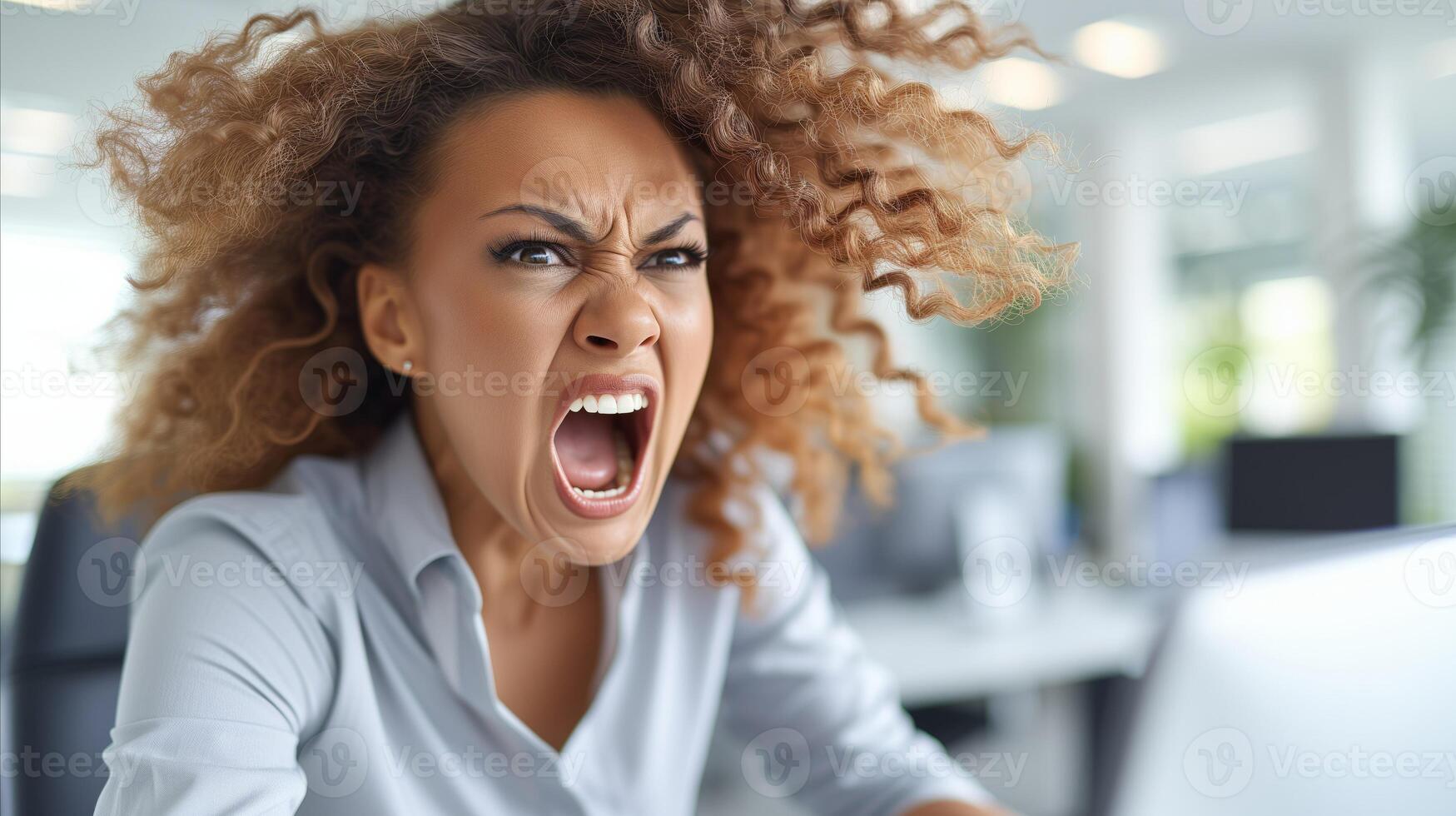 AI generated Frustrated Woman Expressing Anger Indoors During Daytime photo