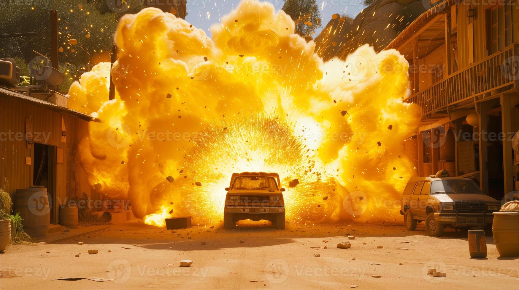 AI generated Massive explosion in a dusty town with vehicles and debris photo