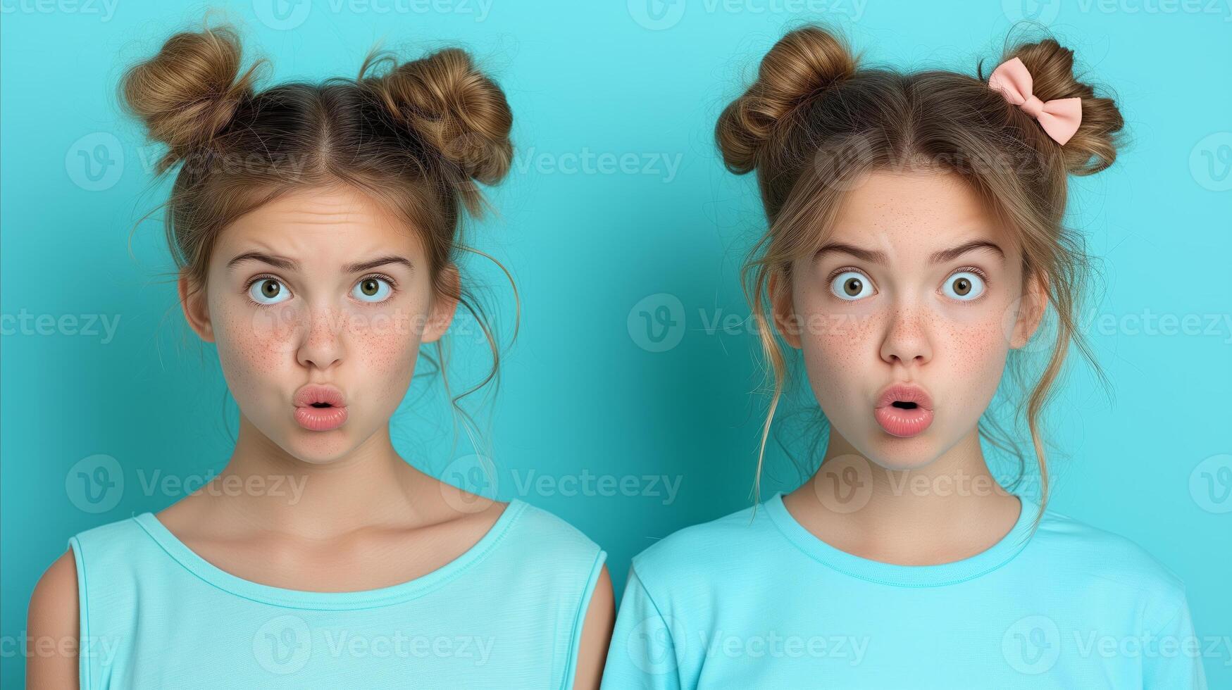 AI generated Twin Girls Making Surprise Faces Against Aqua Background photo