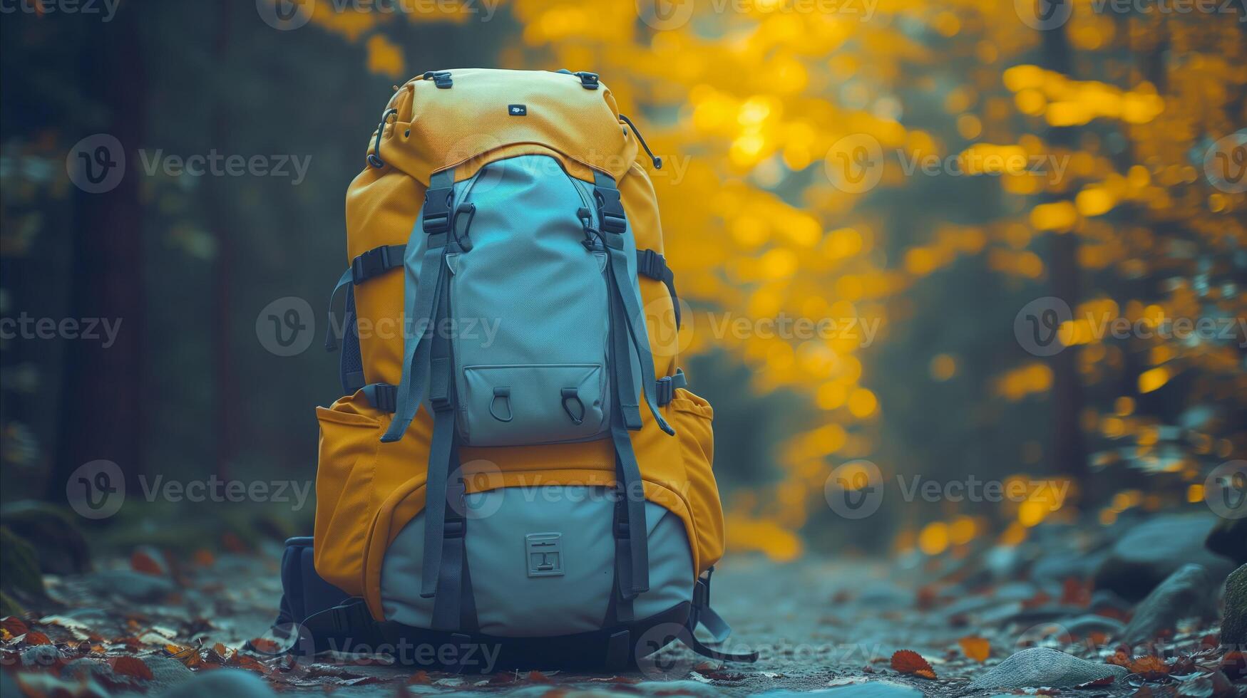 AI generated Autumn Hike, A Backpack on a Forest Trail at Dusk photo