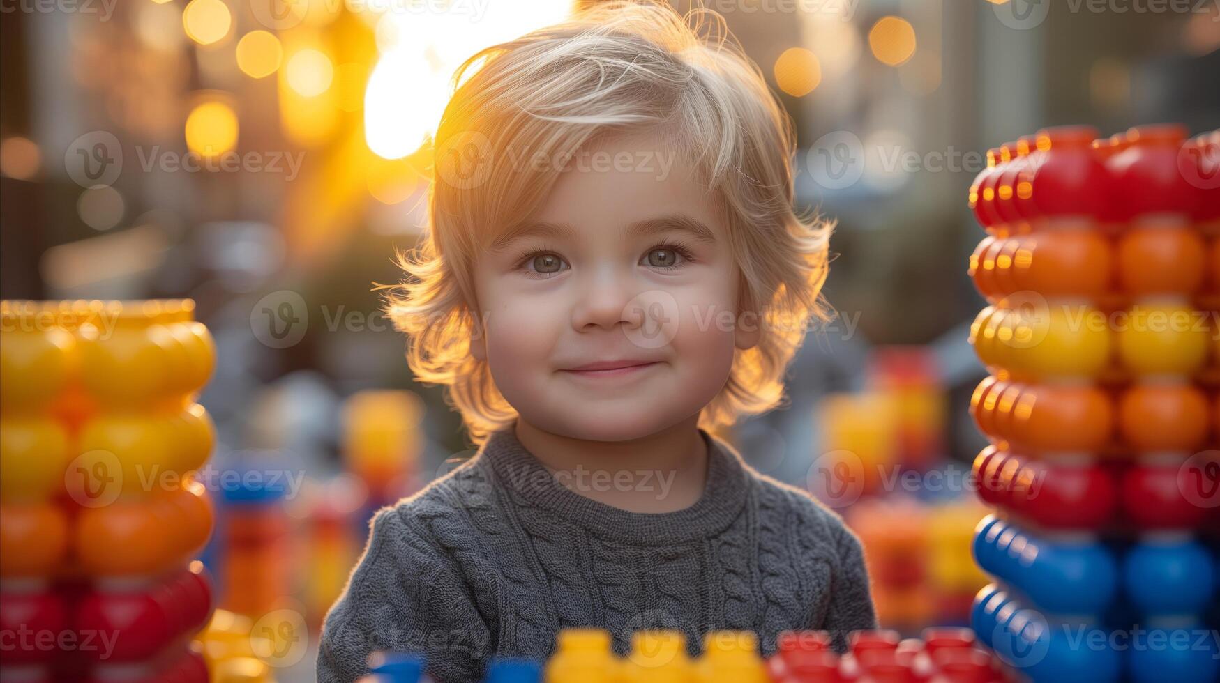 AI generated Smiling toddler boy playing with colorful abacus at sunset photo