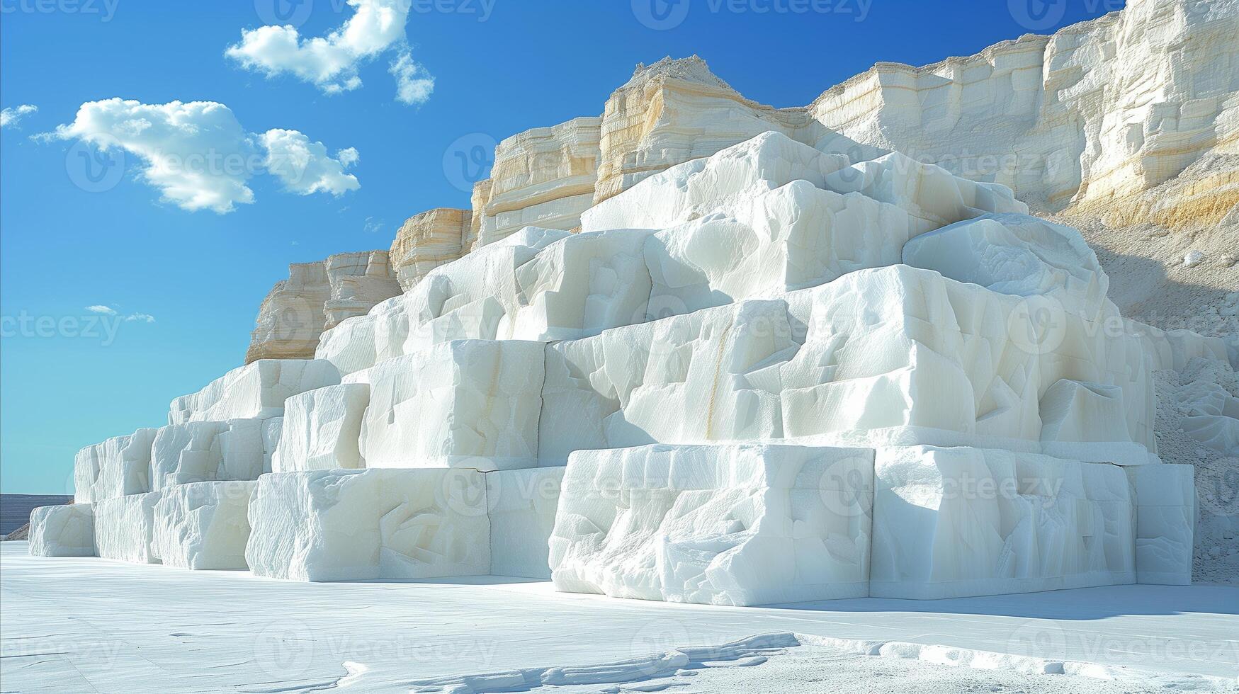 AI generated Stacked white marble blocks in quarry under blue sky photo