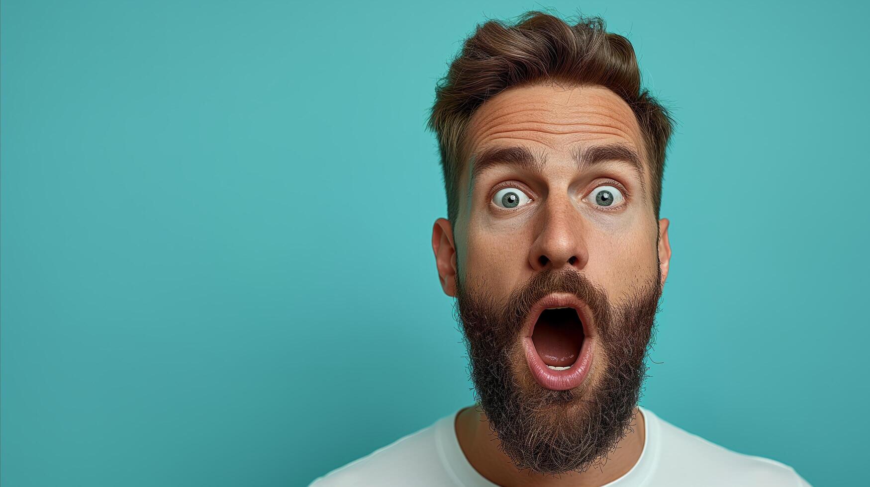 AI generated Shocked man with wide eyes and open mouth on teal background photo