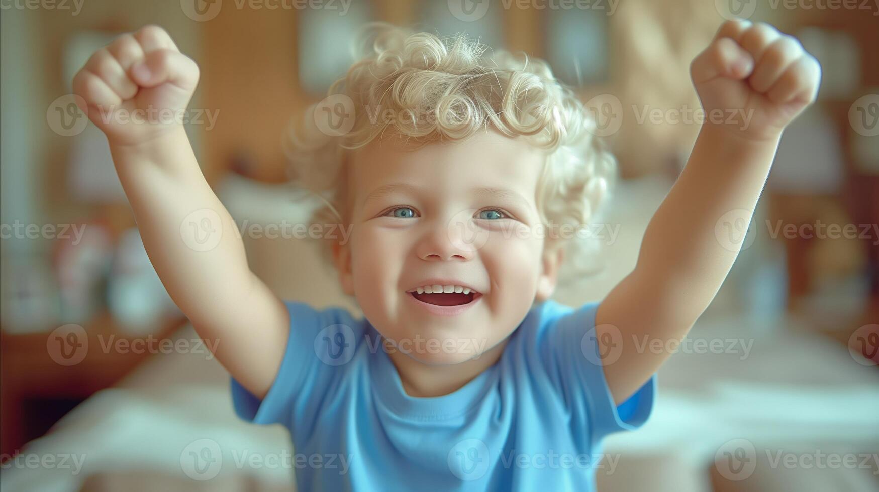 AI generated Joyful blonde toddler with curly hair celebrating in blue shirt photo