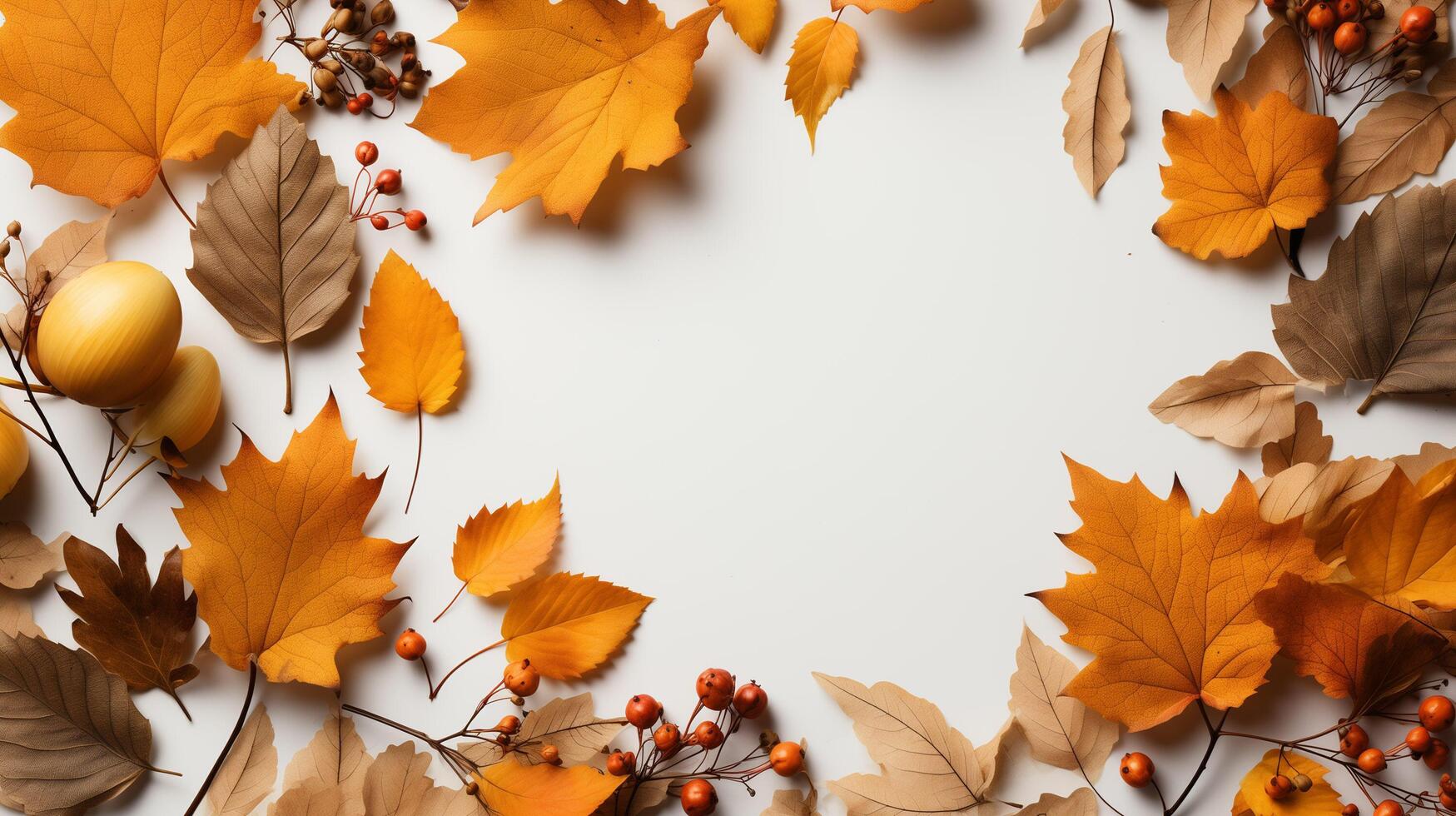 AI generated Autumn leaves and a sheet of parchment paper on a white background from above. With space for text. Minimal Thanksgiving and Halloween Seasonal Design Art. photo