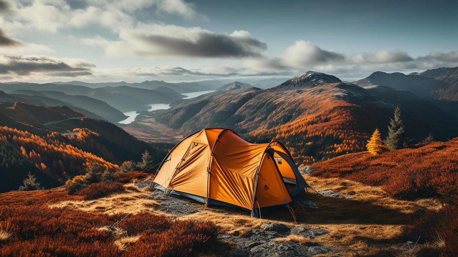 AI generated Awesome camping in top of mountain. Lonely Green tent is hidden in a mountain forest among red dwarf birch bushes. Tourism concept adventure voyage outdoor photo
