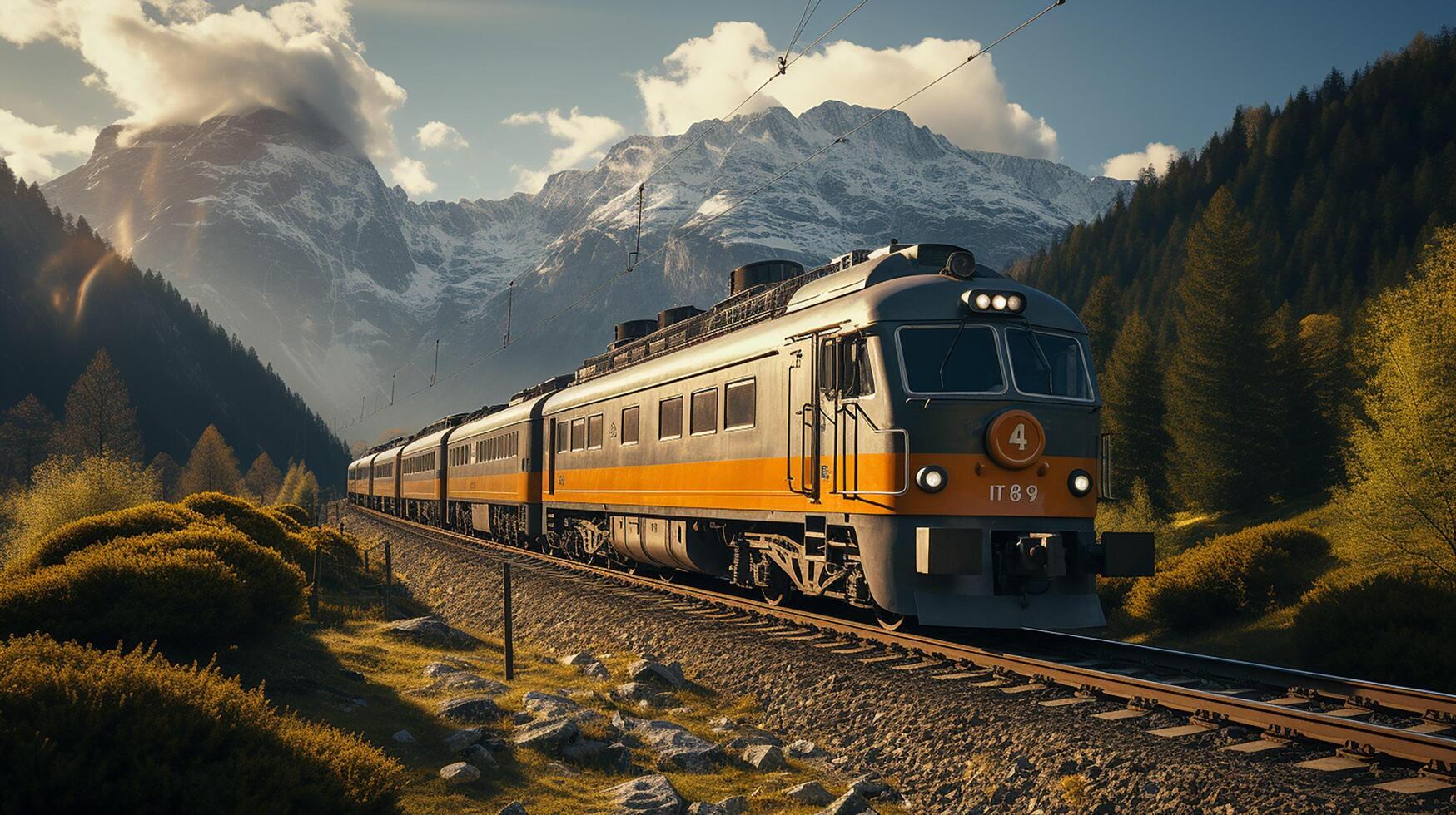 ai generado tren en el ferrocarril, increíble montaña antecedentes foto