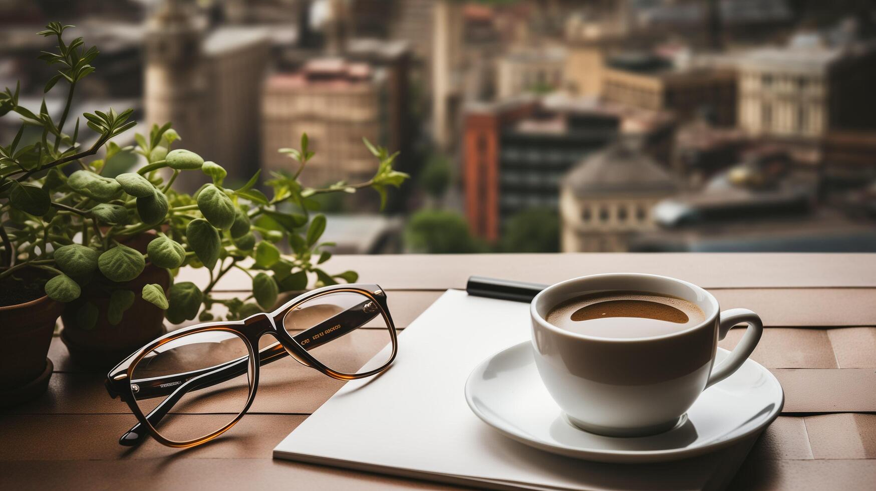 AI generated Business concept. Top view of empty notebook, laptop, cup of coffee, succulent plant ans eyeglasses over light desk. photo