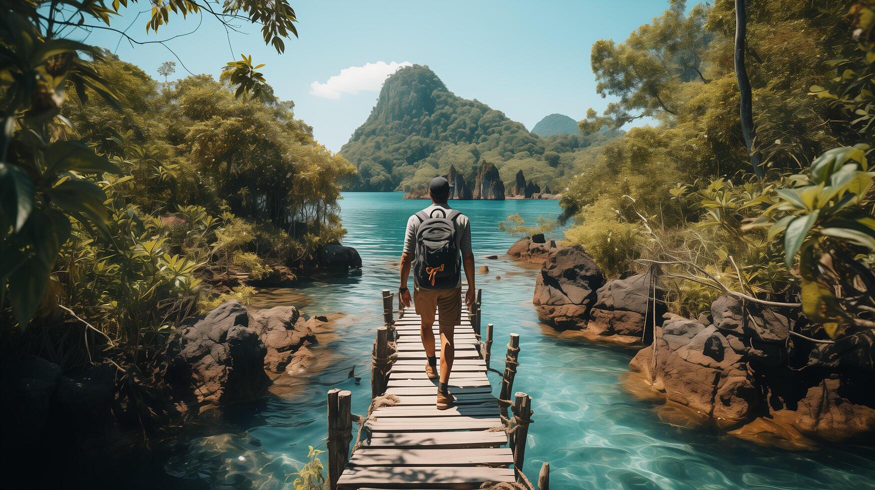 ai generado relajante en madera puente en hermosa destino isla, Phang Nga bahía, azul cielo, aventuras estilo de vida viaje tailandia, turismo naturaleza paisaje Asia, turista en verano fiesta foto