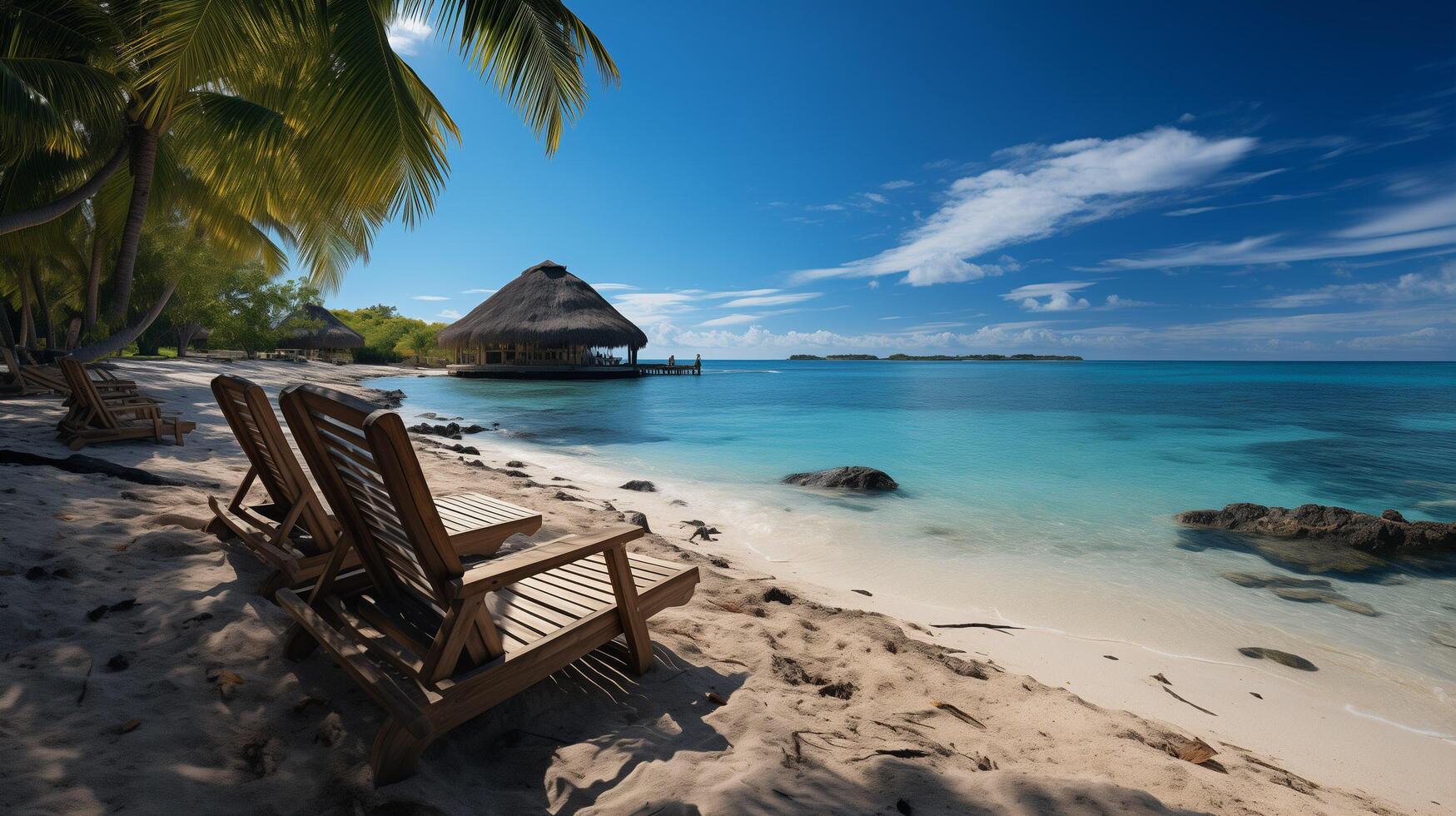 AI generated Beautiful panoramic nature. Tropical beach as summer island landscape with chairs umbrella palm leaves calm sea shore, coast. photo