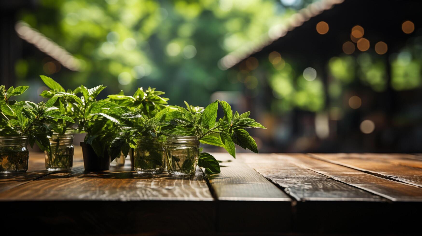 AI generated Empty wooden table, Green bokeh background photo