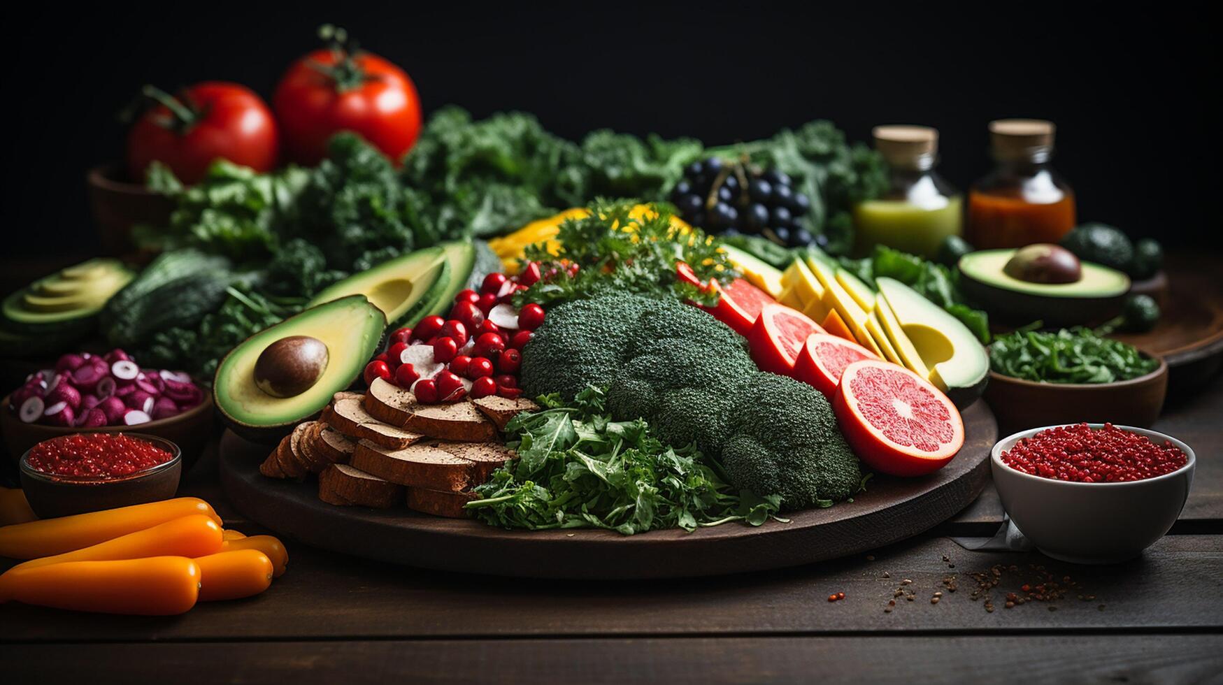 ai generado principios y reglas de un sano estilo de vida con apropiado nutrición equilibrado dieta vegetariano vegetales frutas ceto cetosis foto