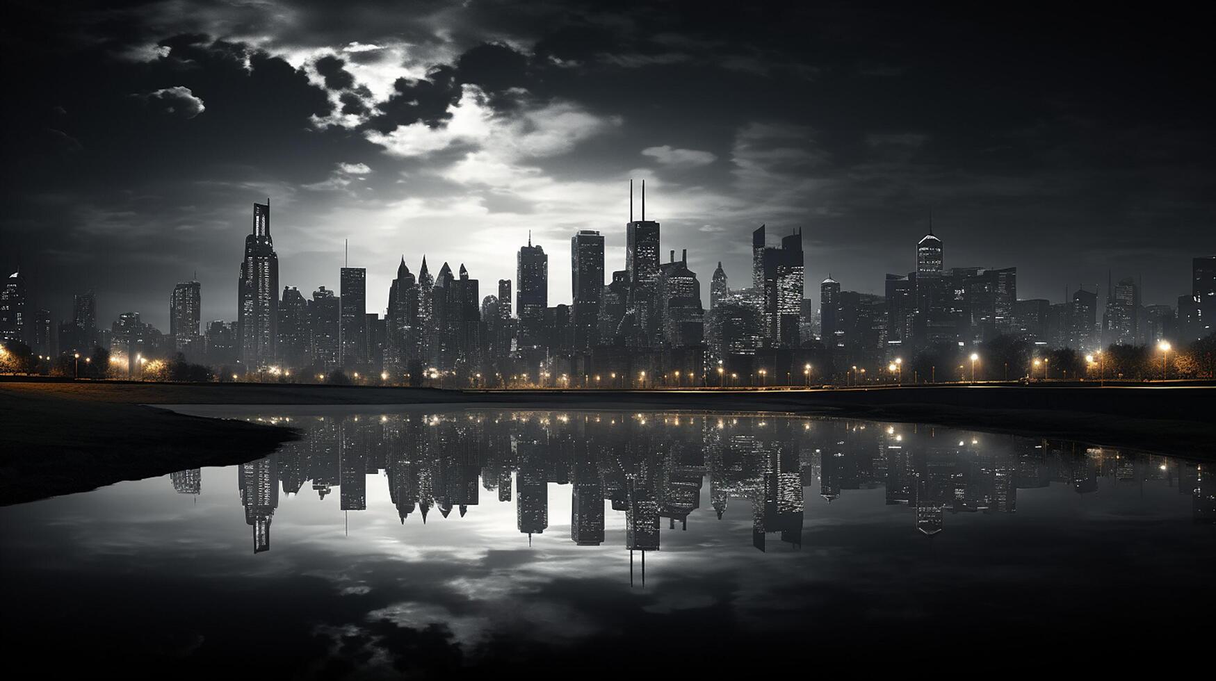 ai generado paisaje urbano de moderno edificio cerca el río. moderno arquitectura oficina edificio. rascacielos con noche cielo. foto