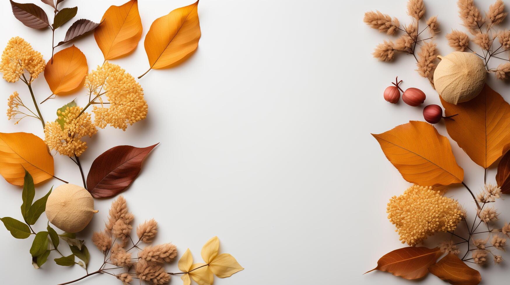 AI generated Autumn leaves and a sheet of parchment paper on a white background from above. With space for text. Minimal Thanksgiving and Halloween Seasonal Design Art. photo