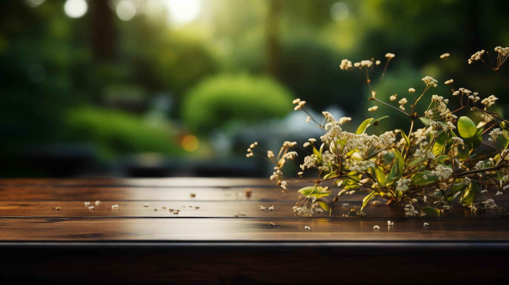 AI generated Empty wooden table, Green bokeh background photo