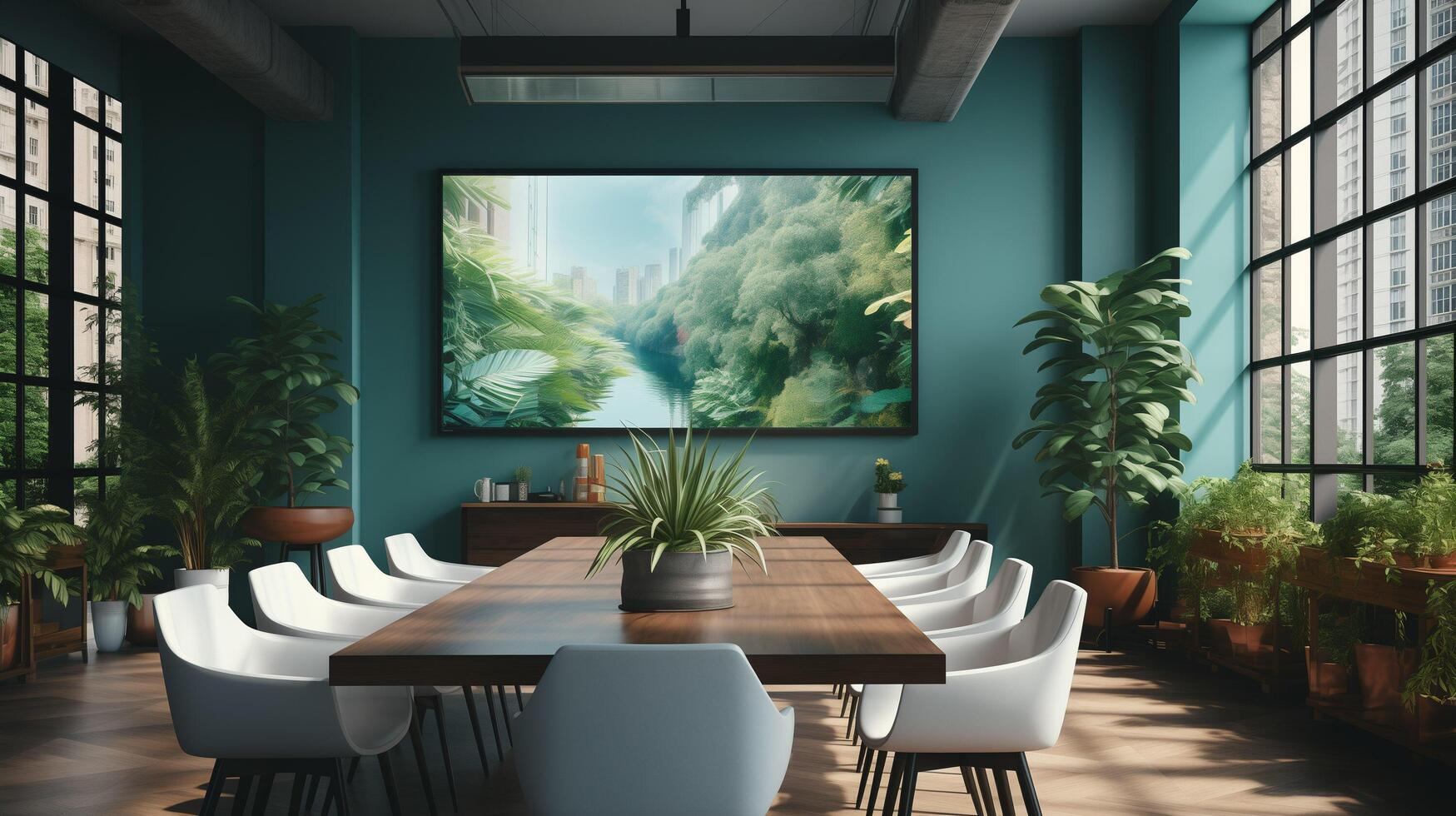 AI generated Conference room with blank, empty TV screen. Monitor mock up. Business meeting room with LCD screen for presentation, advertising. Modern, contemporary office. photo
