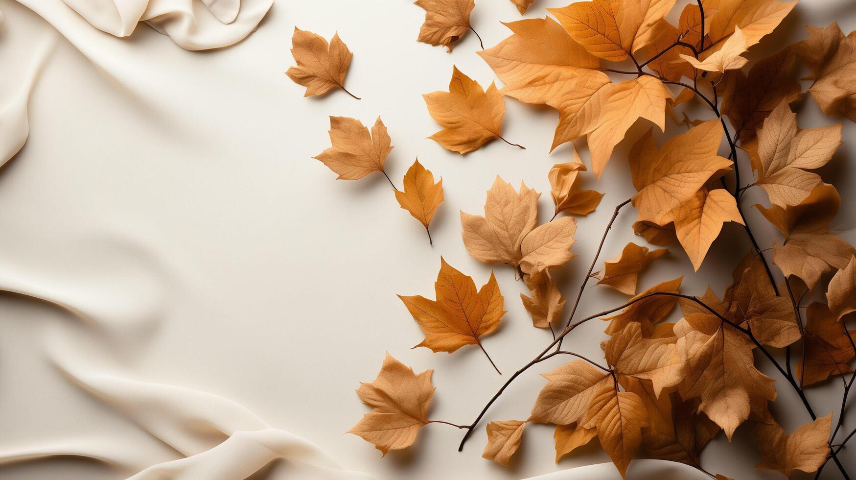 AI generated Autumn leaves and a sheet of parchment paper on a white background from above. With space for text. Minimal Thanksgiving and Halloween Seasonal Design Art. photo