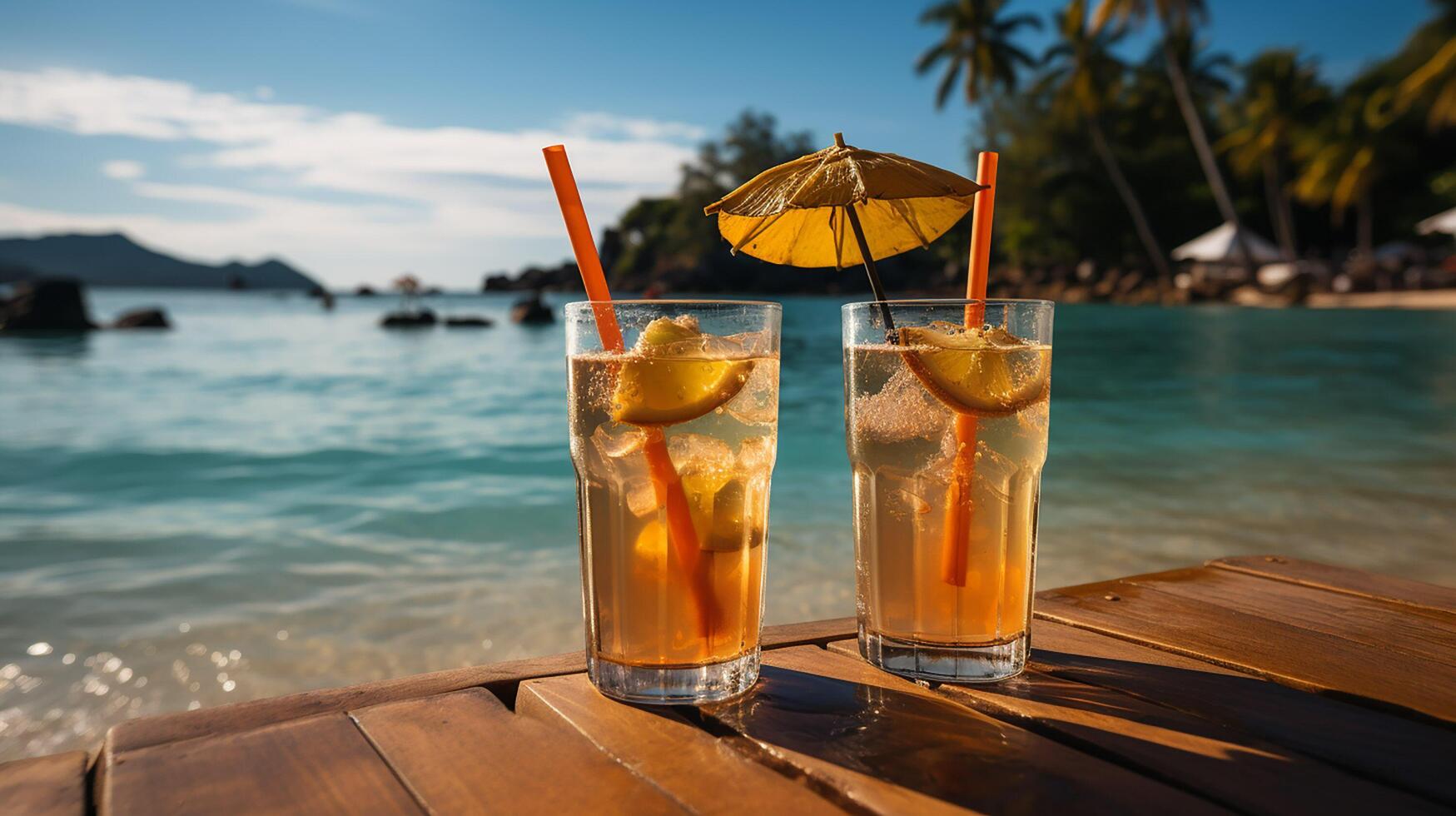 ai generado dos lentes de jugo con uno siendo retenida arriba con un paja, hermosa panorámico naturaleza. tropical playa como verano isla paisaje con sillas paraguas palma hojas calma mar costa, costa. foto