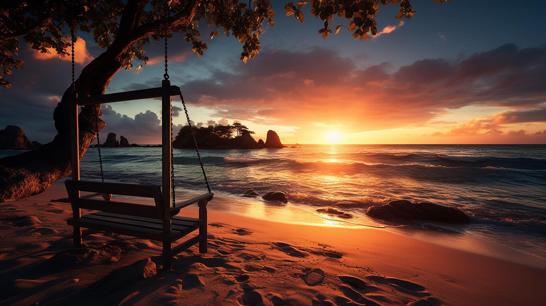 ai generado atardecer, tropical playa paraíso como verano paisaje con playa columpio o hamaca y blanco arena, calma mar sereno playa. lujo playa vacaciones verano día festivo. foto