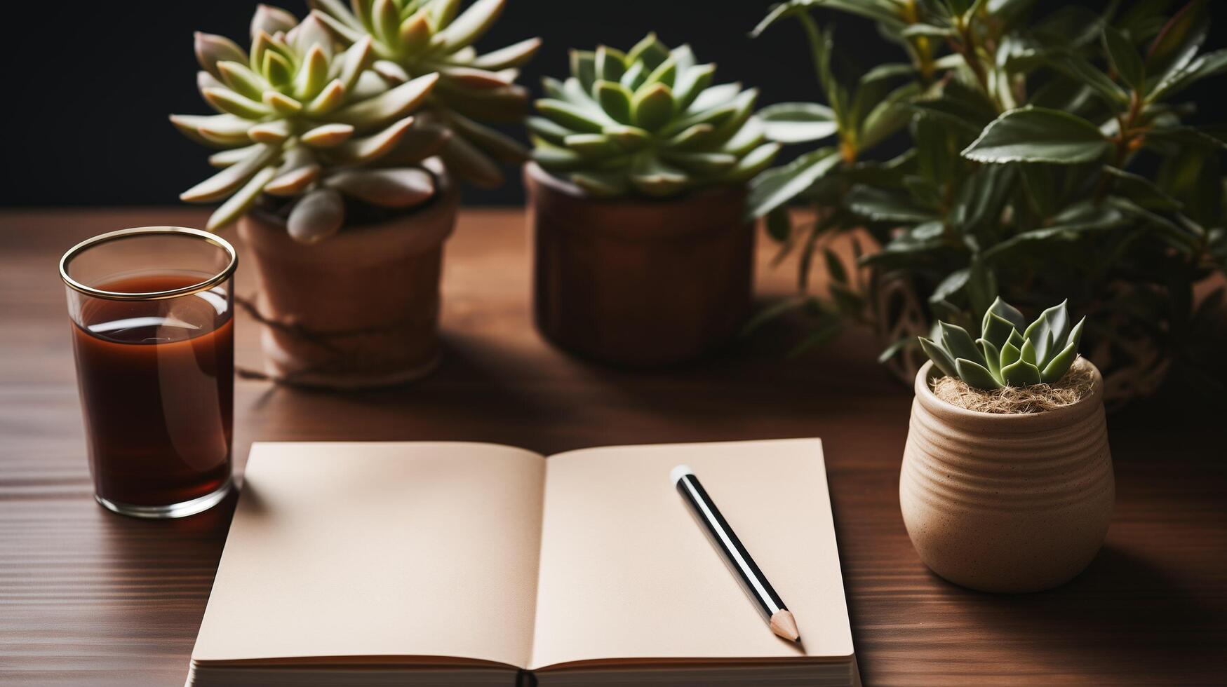 AI generated Business concept. Top view of empty notebook, laptop, cup of coffee, succulent plant ans eyeglasses over light desk. photo