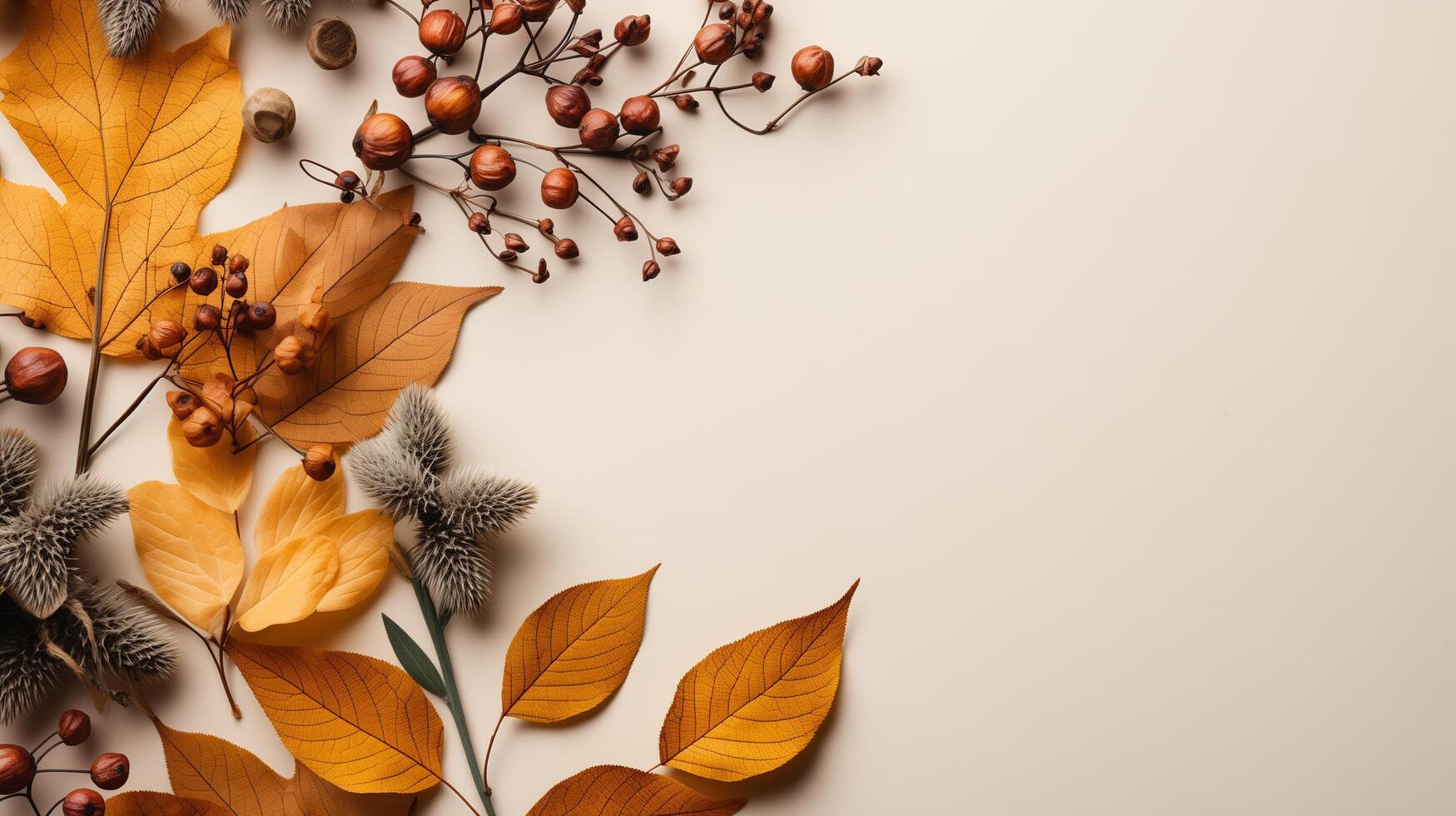 AI generated Autumn leaves and a sheet of parchment paper on a white background from above. With space for text. Minimal Thanksgiving and Halloween Seasonal Design Art. photo